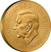 UK 1000 Pounds (St George and the Dragon. Pistrucci) CHARLES III D G REX F D 1000 POUNDS 2024 MJ coin obverse UK 1000 Pounds (St George and the Dragon. Pistrucci) CHARLES III D G REX F D 1000 POUNDS 2024 MJ coin obverse