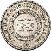 Brazil 1000 Reis (Pedro II Trial Strike) KM# Pn131 1000 PETRUS II D.G. CONST. IMP. ET PERP. BRAS. DEF. 1867 coin obverse Brazil 1000 Reis (Pedro II Trial Strike) KM# Pn131 1000 PETRUS II D.G. CONST. IMP. ET PERP. BRAS. DEF. 1867 coin obverse