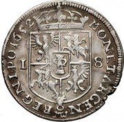 Poland 18 Groszy (1 Ort, 1 Tympf) Johann Casimir 1652 MW KM# 88.1 MONETA ARGEN MW REGNI PO 1653 1 8 coin reverse Poland 18 Groszy (1 Ort, 1 Tympf) Johann Casimir 1652 MW KM# 88.1 MONETA ARGEN MW REGNI PO 1653 1 8 coin reverse