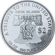 Cook Islands 2 Dollars (American Double Eagle. Coat of arms) LIBERTY COOK ISLANDS $2 A TRIBUTE TO THE UNITED STATES 1/4 OZ .999 PURE SILVER coin obverse