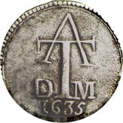 Malaysia 2 Tangas (Filipe III Goa mint. date reverse) AT DM 1635 coin reverse Malaysia 2 Tangas (Filipe III Goa mint. date reverse) AT DM 1635 coin reverse
