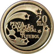 Brazil 20 Reais Five Times Soccer World Cup Champion 2002 Proof KM# 662 20 REAIS PENTA CAMPEÃO MUNDIAL DE FUTEBOL coin reverse Brazil 20 Reais Five Times Soccer World Cup Champion 2002 Proof KM# 662 20 REAIS PENTA CAMPEÃO MUNDIAL DE FUTEBOL coin reverse