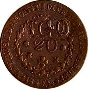 Brazil 20 Reis (Countermarked Coinage) KM# 335a PETRUS I D G CONST IMP ET PER P BRAS DEF 1820 R ICO 20 coin obverse Brazil 20 Reis (Countermarked Coinage) KM# 335a PETRUS I D G CONST IMP ET PER P BRAS DEF 1820 R ICO 20 coin obverse