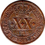 Brazil 20 Reis (Joao Prince Regent to Goias and Mato Grosso) JOANNES D G P E BRASILIÆ P REGENS X X 1818 coin obverse Brazil 20 Reis (Joao Prince Regent to Goias and Mato Grosso) JOANNES D G P E BRASILIÆ P REGENS X X 1818 coin obverse
