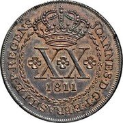 Brazil 20 Reis (Pattern Strike) KM# Pn16 JOANNES D G P E BRASILIÆ P REGENS XX 1811 coin obverse