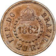 Brazil 20 Reis Pedro II Pattern Strike 1862 KM# Pn92 IMP. DO BRASIL 1862 20 RS coin reverse Brazil 20 Reis Pedro II Pattern Strike 1862 KM# Pn92 IMP. DO BRASIL 1862 20 RS coin reverse