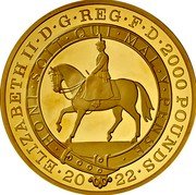UK 2000 Pounds Elizabeth II Platinum Jubilee. 2022 Proof ELIZABETH II D G REG F D 2000 POUNDS HONI SOIT QUI MAL Y PENSE JB 2022 coin obverse UK 2000 Pounds Elizabeth II Platinum Jubilee. 2022 Proof ELIZABETH II D G REG F D 2000 POUNDS HONI SOIT QUI MAL Y PENSE JB 2022 coin obverse