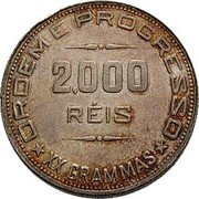 Brazil 2000 Reis (Liberty. Pattern) KM# Pn199 2.000 RÉIS ORDEM E PROGRESSO XX GRAMMAS coin reverse Brazil 2000 Reis (Liberty. Pattern) KM# Pn199 2.000 RÉIS ORDEM E PROGRESSO XX GRAMMAS coin reverse