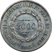 Brazil 2000 Reis (Pattern Coin) KM# Pn114 PETRUS II.D.G.CONST.IMP.ET PERP.BRAS.DEF. 2000 1863 coin reverse