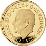 UK 25 Pounds (Bede BD-5J "Acrostar" plane) CHARLES III D G REX F D 25 POUNDS 2024 MJ coin obverse UK 25 Pounds (Bede BD-5J "Acrostar" plane) CHARLES III D G REX F D 25 POUNDS 2024 MJ coin obverse