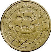 UK 25 Pounds (Elizabeth II Posthumous.Mayflower.) THE MAYFLOWER PLYMOUTH 2023 1/4OZ FINE GOLD 9999 CAPE COD JB coin reverse
