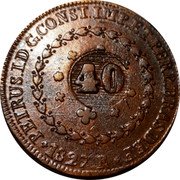 Brazil 40 Reis Countermarked Coin ND (1827) 40 PETRUS I D G CONST IMP ET PERP BRAS DEF 1827 R coin obverse Brazil 40 Reis Countermarked Coin ND (1827) 40 PETRUS I D G CONST IMP ET PERP BRAS DEF 1827 R coin obverse