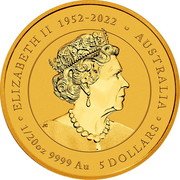 Australia 5 Dollars Year of the Dragon. Elizabeth II 2024 P125 JC ELIZABETH II 1952 - 2022 AUSTRALIA 1/20 OZ 9999 AU 5 DOLLARS coin obverse Australia 5 Dollars Year of the Dragon. Elizabeth II 2024 P125 JC ELIZABETH II 1952 - 2022 AUSTRALIA 1/20 OZ 9999 AU 5 DOLLARS coin obverse