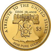 Cook Islands 5 Dollars (Quintuple Eagle. Coat of Arms) LIBERTY COOK ISLANDS $5 A TRIBUTE TO THE UNITED STATES 9999 PURE GOLD coin obverse Cook Islands 5 Dollars (Quintuple Eagle. Coat of Arms) LIBERTY COOK ISLANDS $5 A TRIBUTE TO THE UNITED STATES 9999 PURE GOLD coin obverse