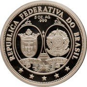 Brazil 5 Ounce 500th Anniversary of the Discovery of Brazil 2000 Proof X# MB9 5 OZ. AG .999 1500 2000 REPUBLICA FEDERATIVA DO BRASIL coin obverse Brazil 5 Ounce 500th Anniversary of the Discovery of Brazil 2000 Proof X# MB9 5 OZ. AG .999 1500 2000 REPUBLICA FEDERATIVA DO BRASIL coin obverse