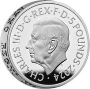 UK 5 Pounds St George and the Dragon. Pistrucci 2024 CHARLES III D G REX F D 5 POUNDS 2024 MJ coin obverse UK 5 Pounds St George and the Dragon. Pistrucci 2024 CHARLES III D G REX F D 5 POUNDS 2024 MJ coin obverse