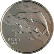 Brazil 5 Reais Olympic Games in Rio. Cycling. Dolphins 2014 Proof KM# 686 RIO 2016 BRASIL coin obverse Brazil 5 Reais Olympic Games in Rio. Cycling. Dolphins 2014 Proof KM# 686 RIO 2016 BRASIL coin obverse