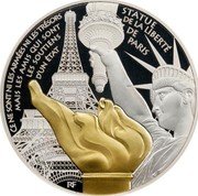 France 50 Euro Statue de la Liberte Grenelle 2017  Proof CE NE SONT NI LES ARMÉES NI LES TRÉSORS MAIS LES AMIS QUI ONT LE SOUTIENT D'UN ÉTAT STATUE DE LA LIBERTÉ DE PARIS RF coin obverse