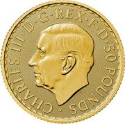 UK 50 Pounds (Charles III Gold Standard) CHARLES III D G REX F D 50 POUNDS MJ coin obverse UK 50 Pounds (Charles III Gold Standard) CHARLES III D G REX F D 50 POUNDS MJ coin obverse