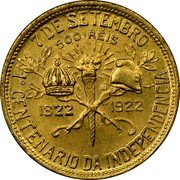 Brazil 500 Reis (Dom Pedro and President Pessoa Pattern) KM# Pn233 7 DE SETEMBRO 500 RÉIS 1822 1922 1° CENTENARIO DA INDEPENDENCIA coin reverse