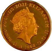 UK 5000 Pounds (Elizabeth II Gothic Crown Quartered Arms.) ELIZABETH II D G REG F D 5000 POUNDS 2021 JC coin obverse UK 5000 Pounds (Elizabeth II Gothic Crown Quartered Arms.) ELIZABETH II D G REG F D 5000 POUNDS 2021 JC coin obverse