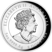 Australia 8 Dollars (Elizabeth II 6th Portrait.Year of the Mouse.) ELIZABETH II AUSTRALIA IRB 5 OZ 9999 AG 8 DOLLARS coin obverse Australia 8 Dollars (Elizabeth II 6th Portrait.Year of the Mouse.) ELIZABETH II AUSTRALIA IRB 5 OZ 9999 AG 8 DOLLARS coin obverse