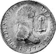 Brazil 8 Reales Countermarked Coinage 1834 X# 25 FERDIN VII DEI GRATIA 1817 coin obverse Brazil 8 Reales Countermarked Coinage 1834 X# 25 FERDIN VII DEI GRATIA 1817 coin obverse