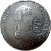 Brazil 960 Reis (Countermarked Coinage) KM# 335g FERDIN VII DEI GRATIA 1813 GO coin obverse Brazil 960 Reis (Countermarked Coinage) KM# 335g FERDIN VII DEI GRATIA 1813 GO coin obverse