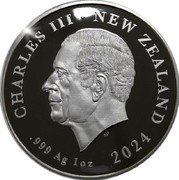 New Zealand One Dollar (Charles III 1. Great Spotted Kiwi.Coloured) CHARLES III NEW ZEALAND SJF .999 AG 1OZ 2024 coin obverse New Zealand One Dollar (Charles III 1. Great Spotted Kiwi.Coloured) CHARLES III NEW ZEALAND SJF .999 AG 1OZ 2024 coin obverse