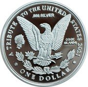 Cook Islands One Dollar Elizabeth II 1964 USA Morgan Dollar 2021  Proof A TRIBUTE TO THE UNITED STATES 2021 .999 SILVER COOK ISLANDS IRB COPY ONE DOLLAR coin obverse