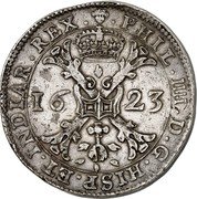 Belgium Patagon (Piedfort of triple weight. Philip IV) PHIL IIII D G HISP ET INDIAR REX 16 23 coin obverse Belgium Patagon (Piedfort of triple weight. Philip IV) PHIL IIII D G HISP ET INDIAR REX 16 23 coin obverse