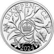 UK Six Pence (Charles III Tudor Crown with flowers) SIX PEN CE 2024 QP coin reverse UK Six Pence (Charles III Tudor Crown with flowers) SIX PEN CE 2024 QP coin reverse