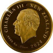 New Zealand Ten Dollars Charles III.Great Spotted Kiwi. 2024  Gold Proof CHARLES III NEW ZEALAND SJF .9999 AU 0.25OZ 2024 coin obverse New Zealand Ten Dollars Charles III.Great Spotted Kiwi. 2024  Gold Proof CHARLES III NEW ZEALAND SJF .9999 AU 0.25OZ 2024 coin obverse