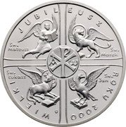 Poland 10 Zlotych The Great Jubilee of the Year 2000 Proof Y# 380 WIELKI JUBILEUSZ ROKU 2000 SW. MATEUSZ SW. MAREK SW.ŁUKASZ SW. JAN coin reverse