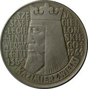 Poland 10 Zlotych 600th Anniversary of Jagiello University ND (1964) Y# 52.1 SZE JA SCSET GIEL LECIE LON- UNI- SKIE WERSY- GO TETU 1964 1364 W K KAZIMIERZWIELKI coin reverse Poland 10 Zlotych 600th Anniversary of Jagiello University ND (1964) Y# 52.1 SZE JA SCSET GIEL LECIE LON- UNI- SKIE WERSY- GO TETU 1964 1364 W K KAZIMIERZWIELKI coin reverse