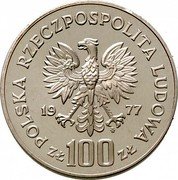 Poland 100 Zlotych 110th Anniversary of the Birth of Wladyslaw Reymont 1977 MW Proof Y# 89 POLSKA RZECZPOSPOLITA LUDOWA 19 77 MW ZŁ 100 ZŁ coin obverse