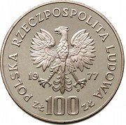 Poland 100 Zlotych 130th Anniversary of the Birth of Henryk Sienkiewicz 1977 MW Proof Y# 88 POLSKA RZECZPOSPOLITA LUDOWA 19 77 MW ZŁ 100 ZŁ coin obverse