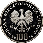 Poland 100 Zlotych White Stork 1982 MW Proof Y# 141 POLSKA RZECZPOSPOLITA LUDOWA 19 82 MW ZŁ 100 ZŁ coin obverse Poland 100 Zlotych White Stork 1982 MW Proof Y# 141 POLSKA RZECZPOSPOLITA LUDOWA 19 82 MW ZŁ 100 ZŁ coin obverse
