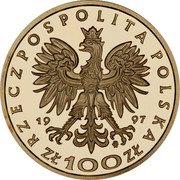 Poland 100 Zlotych Stefan Batory 1997 Proof Y# 328 RZECZPOSPOLITA POLSKA 1997 MW ZŁ 100 ZŁ coin obverse