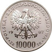Poland 10000 Zlotych Pope John Paul II 1987 MW Y# 164 POLSKA RZECZPOSPOLITA LUDOWA 19 87 MW ZŁ 10000 ZŁ coin obverse Poland 10000 Zlotych Pope John Paul II 1987 MW Y# 164 POLSKA RZECZPOSPOLITA LUDOWA 19 87 MW ZŁ 10000 ZŁ coin obverse