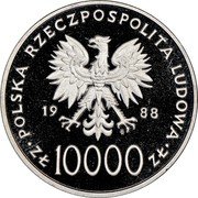 Poland 10000 Zlotych Pope John Paul II 1988 MW Proof Y# 179 POLSKA RZECZPOSPOLITA LUDOWA 19 88 MW ZŁ 10000 ZŁ coin obverse Poland 10000 Zlotych Pope John Paul II 1988 MW Proof Y# 179 POLSKA RZECZPOSPOLITA LUDOWA 19 88 MW ZŁ 10000 ZŁ coin obverse