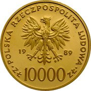 Poland 10000 Zlotych Pope John Paul II 1989 MW Proof Y# 189 POLSKA RZECZPOSPOLITA LUDOWA 19 89 MW ZŁ 10000 ZŁ coin obverse Poland 10000 Zlotych Pope John Paul II 1989 MW Proof Y# 189 POLSKA RZECZPOSPOLITA LUDOWA 19 89 MW ZŁ 10000 ZŁ coin obverse