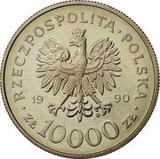 Poland 10000 Zlotych 10th Anniversary of Forming the Solidarity Trade Union 1990 MW Y# 195 RZECZPOSPOLITA POLSKA 19 90 MW ZŁ 10000 ZŁ coin obverse Poland 10000 Zlotych 10th Anniversary of Forming the Solidarity Trade Union 1990 MW Y# 195 RZECZPOSPOLITA POLSKA 19 90 MW ZŁ 10000 ZŁ coin obverse