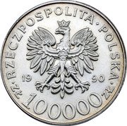 Poland 100000 Zlotych 10th Anniversary of Forming the Solidarity Trade Union 1990 Y# 196.1 RZECZPOSPOLITA POLSKA 19 90 ZŁ 100000 ZŁ coin obverse Poland 100000 Zlotych 10th Anniversary of Forming the Solidarity Trade Union 1990 Y# 196.1 RZECZPOSPOLITA POLSKA 19 90 ZŁ 100000 ZŁ coin obverse