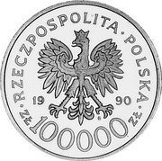 Poland 100000 Zlotych 10th Anniversary of Forming the Solidarity Trade Union 1990 Proof Y# 196.2 RZECZPOSPOLITA POLSKA 1990 MW ZŁ 100000 ZŁ coin obverse Poland 100000 Zlotych 10th Anniversary of Forming the Solidarity Trade Union 1990 Proof Y# 196.2 RZECZPOSPOLITA POLSKA 1990 MW ZŁ 100000 ZŁ coin obverse