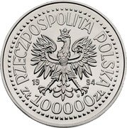 Poland 100000 Zlotych 50th Anniversary of the Warsaw Uprising 1994 Proof Y# 268 RZECZPOSPOLITA POLSKA 1994 MW ZŁ 100000 ZŁ coin obverse Poland 100000 Zlotych 50th Anniversary of the Warsaw Uprising 1994 Proof Y# 268 RZECZPOSPOLITA POLSKA 1994 MW ZŁ 100000 ZŁ coin obverse