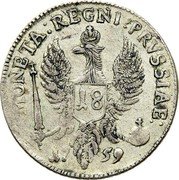 Poland 18 Groszy (1 Ort, 1 Tympf) Elizabeth of Russia 1759 C# 46 MONETA REGNI PRVSSIAE 18 17 59 coin reverse Poland 18 Groszy (1 Ort, 1 Tympf) Elizabeth of Russia 1759 C# 46 MONETA REGNI PRVSSIAE 18 17 59 coin reverse