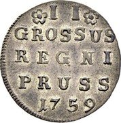 Poland 2 Grossus Russian Occupation of Eastern Prussia 1759 square tail C# 43 II GROSSUS REGNI PRUSS 1759 coin reverse Poland 2 Grossus Russian Occupation of Eastern Prussia 1759 square tail C# 43 II GROSSUS REGNI PRUSS 1759 coin reverse