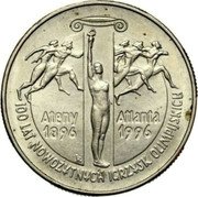 Poland 2 Zlote 100th Anniversary of the Modern Olympic Games 1995 Y# 300 ATENY 1896 ATLANTA 1996 KR 100 LAT NOWOZYTNYCH IGRZYSK OLIMPIJSKICH coin reverse