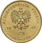 Poland 2 Zlote 150th Anniversary of the Death of Juliusz Slowacki 1999 Y# 356 RZECZPOSTOLITA POLSKA MW 19 99 ZŁ 2 ZŁ coin obverse
